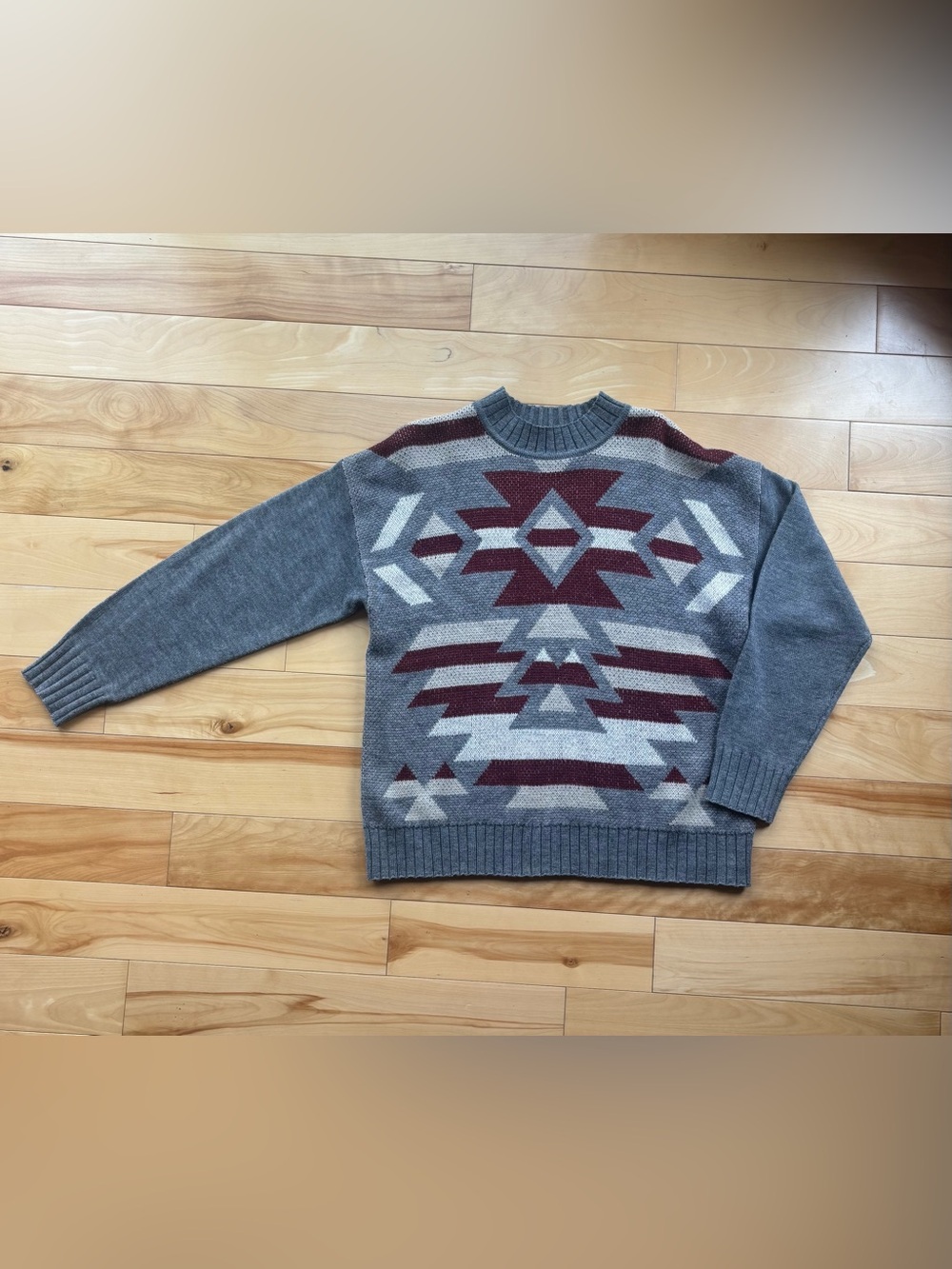 Savanna Jane Gray and Burgundy Aztec Crewneck Sweater